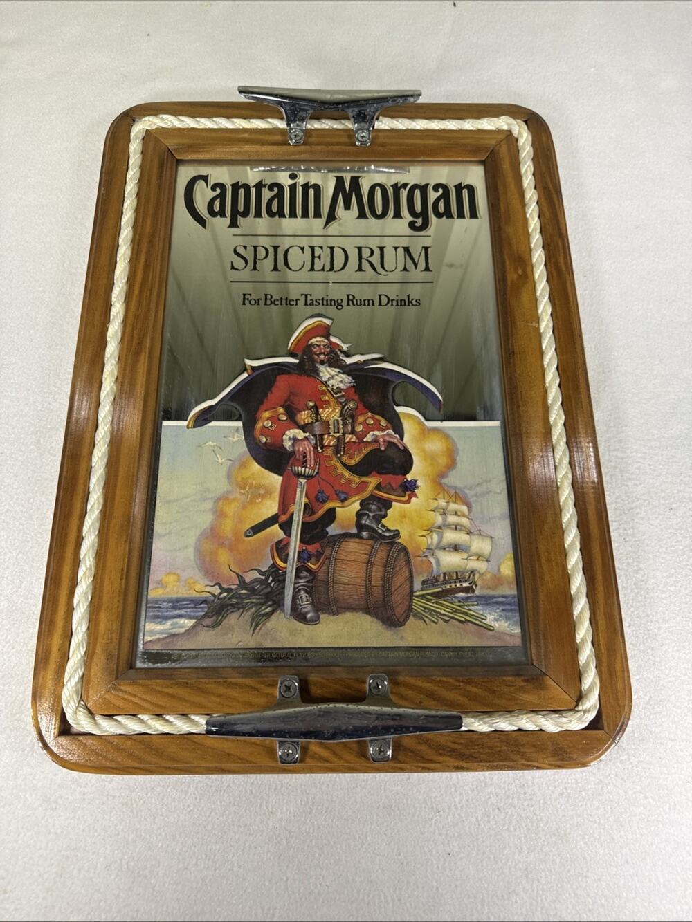 Vtg Captain Morgan Rum Pirate Ship Boat Rope Clear Mirror Bar Sign 21.5x15 EUC